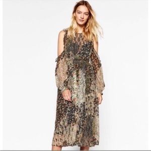 Zara Boho Lace Patchwork Floral Print Cold Shoulder Midi Dress Size XS